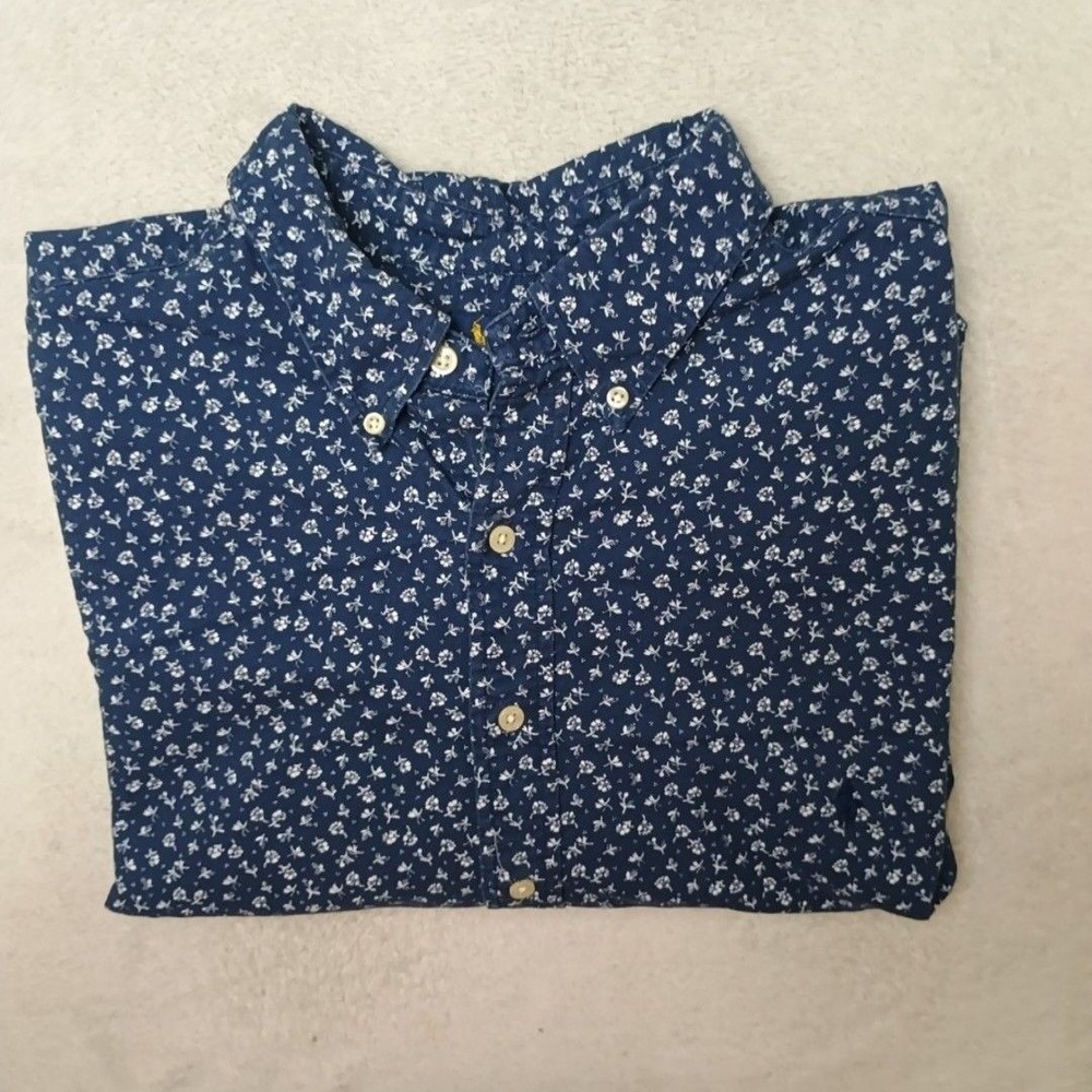Ralph Lauren Shirt Mens Big 2XB Blue Floral Button-Up Short Sleeve Cotton Work